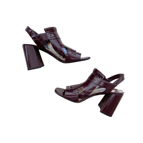 PRADA Burgundy Fringe Patent Leather Heel Sandals - Picture 3 of 8